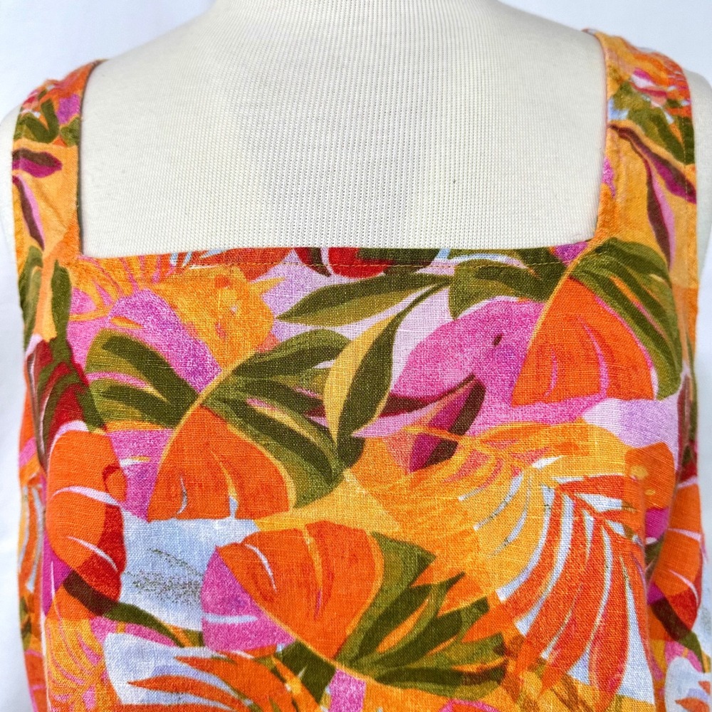 C&C California Orange Tropical Print 100% Linen Square Neck Tank Top Women's L - Picture 2 of 6